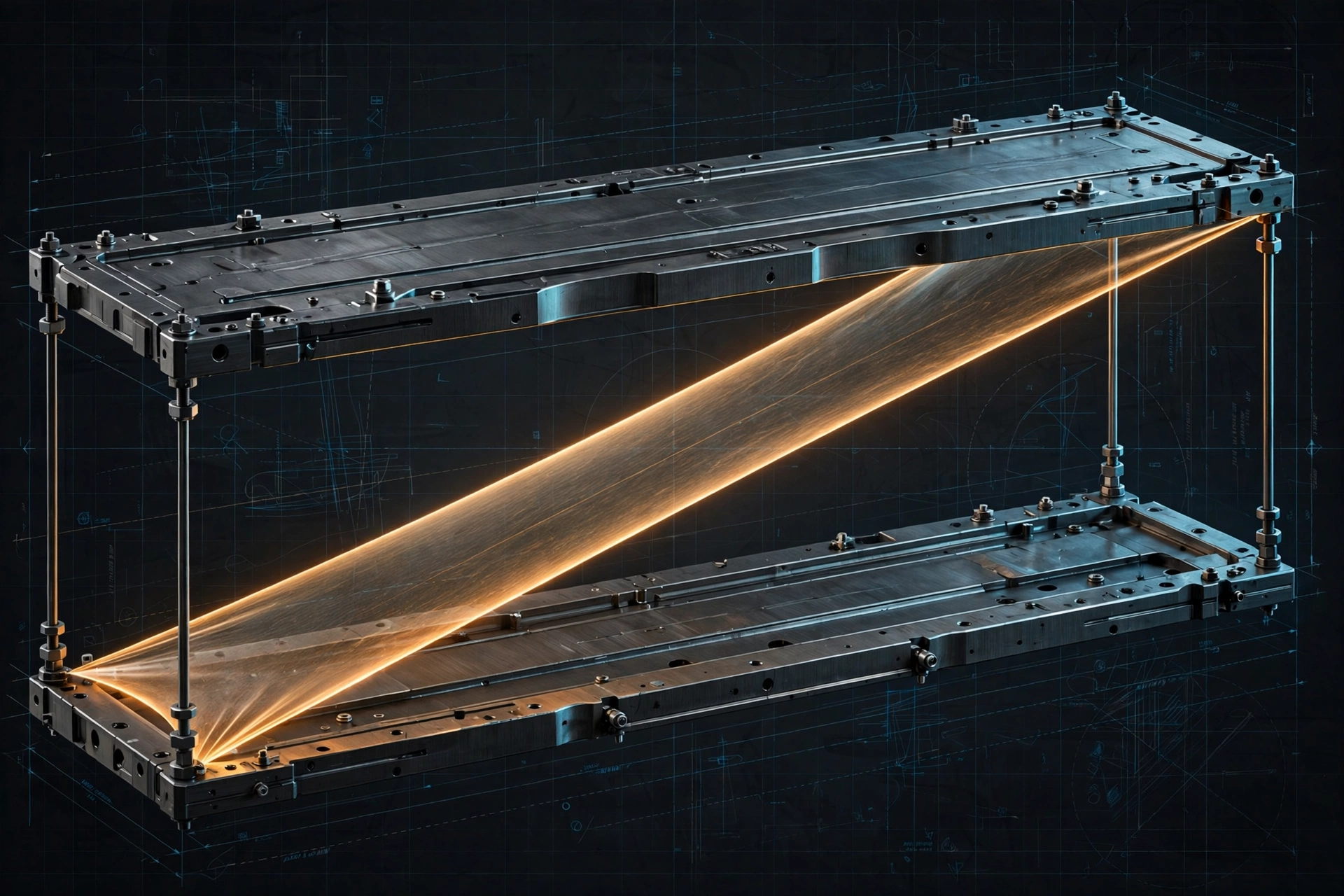 Two machined metal plates held apart by struts, with a single luminous amber plane stretched between them: the INTERPLANE layer between a model and a runtime.